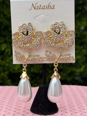 New Natasha Couture Gold Crystal Floral Earrings with Pearl Drops